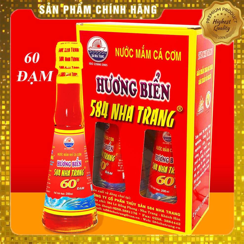 Hộp 2 chai Nước mắm Cá Cơm Cao Cấp 60 ĐỘ ĐẠM, 584 Nha Trang, Chai thủy tinh 200ml, Date luôn mới