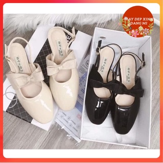 Giày búp bê sục nơ mũi vuông tiểu thư da bóng 3p sd-0285