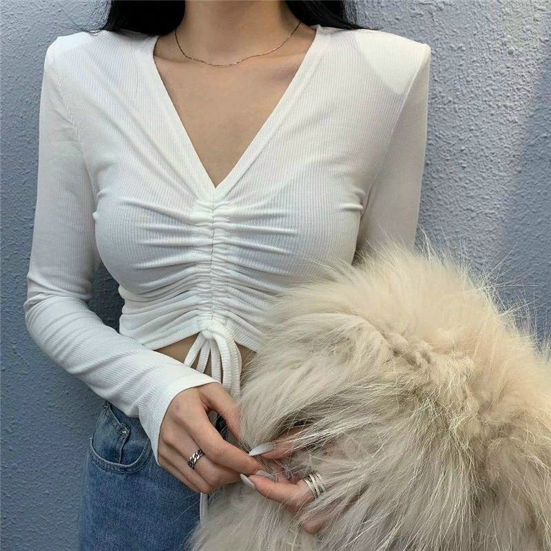 Áo thun dài tay Croptop dây Rút chun ngực CRT05