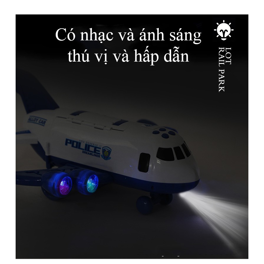 Bộ đồ chơi mô hình máy bay chứa 4 xe ô tô cảnh sát biển báo chạy pin kèm nhạc và phát sáng