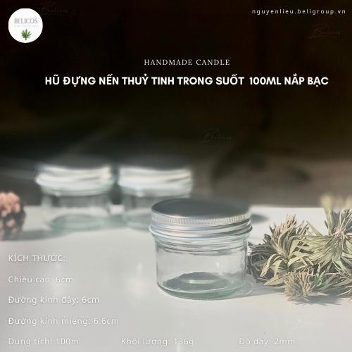 Cốc đựng nến thơm 100ml nắp bạc - Hũ thuỷ tinh trong suốt