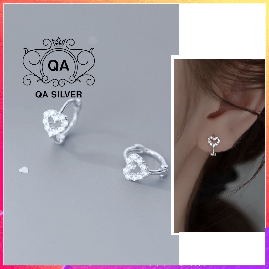 Khuyên tai bạc 925 tròn trái tim bông đính đá kẹp sát vành S925 HEART Silver Earrings QA SILVER EA220607