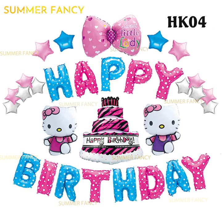 [ TẶNG BƠM + KEO ]Set bóng mèo kitty +sinh nhật hồng Happy birthday - trang trí thôi nôi cho bé gái - Foil balloon