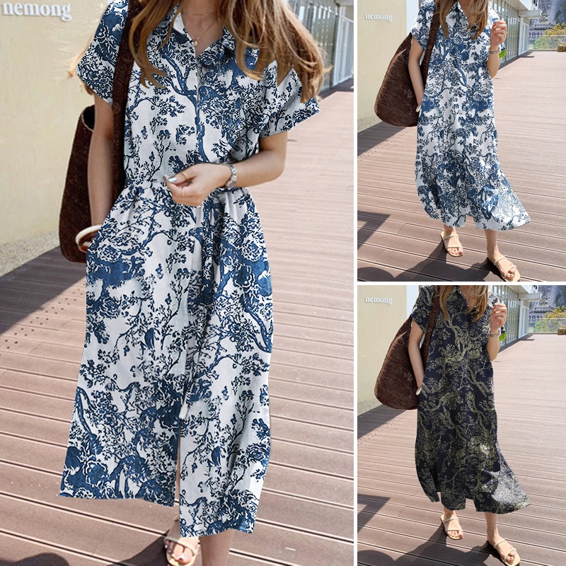 Đầm nữ cotton ZANZEA tay ngắn in họa tiết vintage