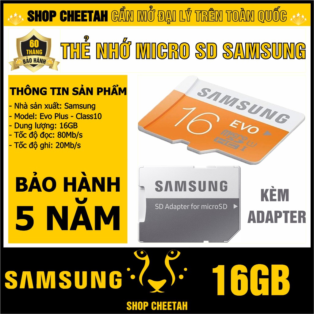 Thẻ nhớ MicroSD SamSung 16GB – Evo Plus Class 10 – CHÍNH HÃNG – Kèm Adapter – Bảo hành 5 năm – Cho điện thoại, camera…