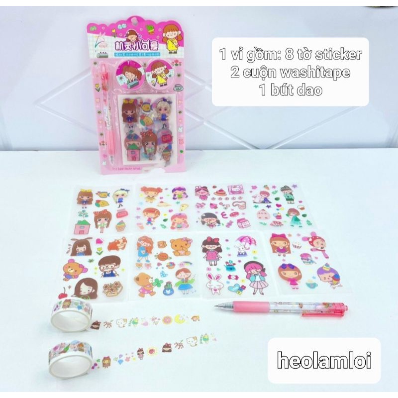 Vỉ sticker có bút dao cắt loại tốt, 2 cuộn washitape, 8 tờ sticker (tổng 11 món), mã ZJL-XKL