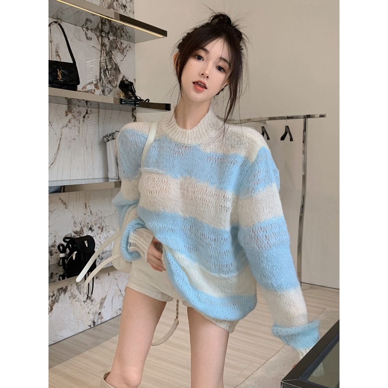 Áo Dệt Kim Mỏng Dáng Rộng Họa Tiết Kẻ Sọc Rỗng Thời Trang Hàn Quốc