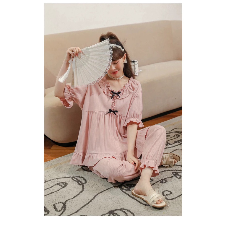 Bô Đồ Ngủ Pyjama Bèo Nơ Tay Ngắn Quần Dài Cotton Mùa Hè
