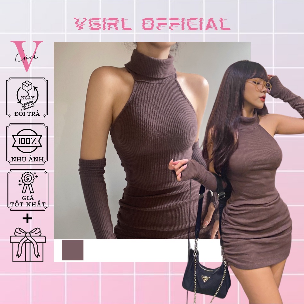 Đầm body nữ VGIRL chất len, cổ lọ tặng kèm găng tay, may dúm che khuyết điểm [ẢNH ĐỘC QUYỀN]