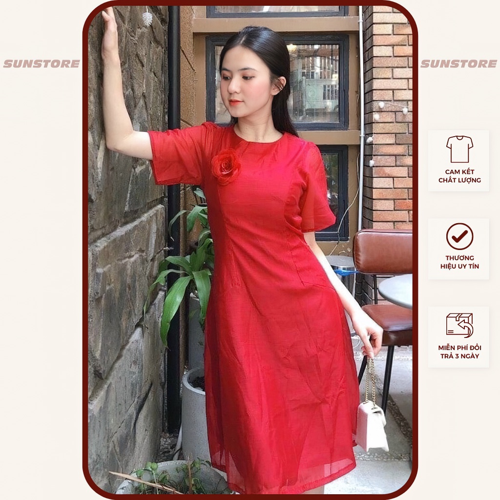 Đầm dự tiệc dáng ngắn mini váy xoè tay ngắn voan đỏ kèm bông tay lỡ