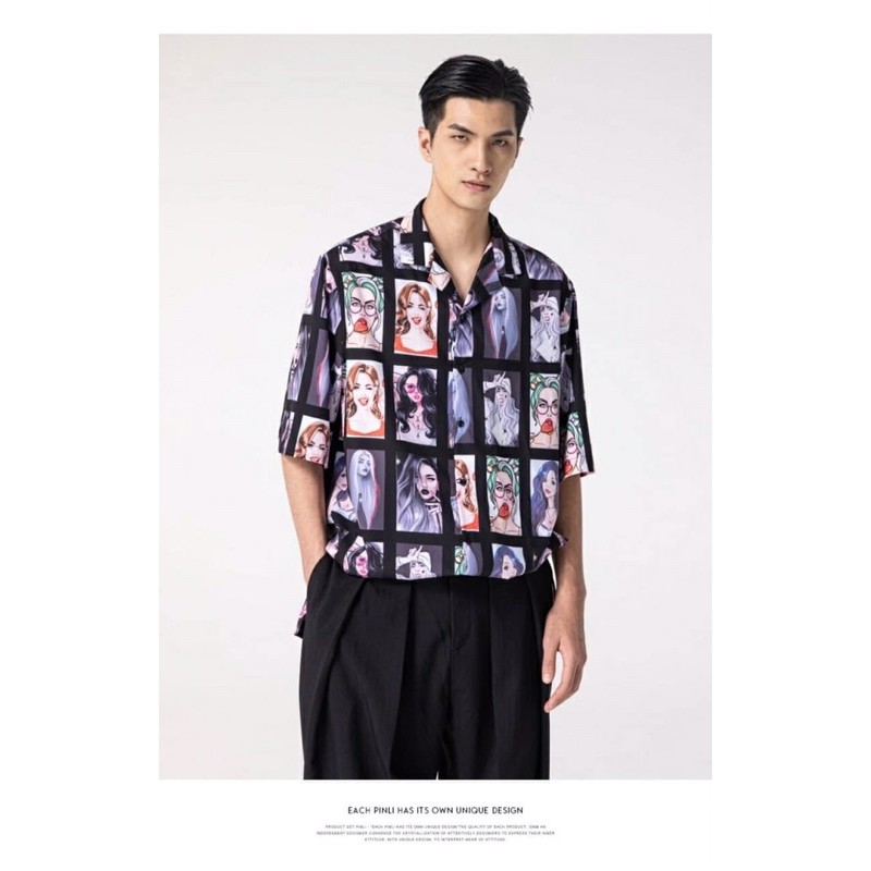 Áo sơ mi unisex in hình cô gái oversize nam nữ đều mặc được