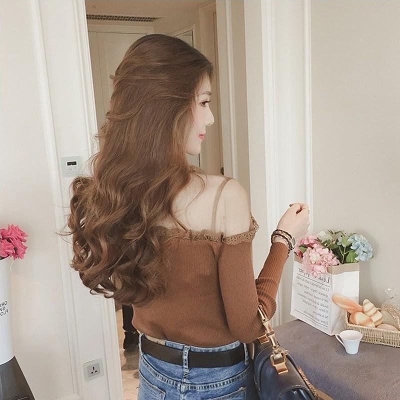 Áo sweater dài tay phối ren trễ vai gợi cảm bằng cotton pha dành cho nữ