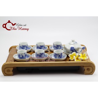 ấm chén Bát Tràng_Bộ bình trà quai ngang (dòng men lam cổ cao cấp)