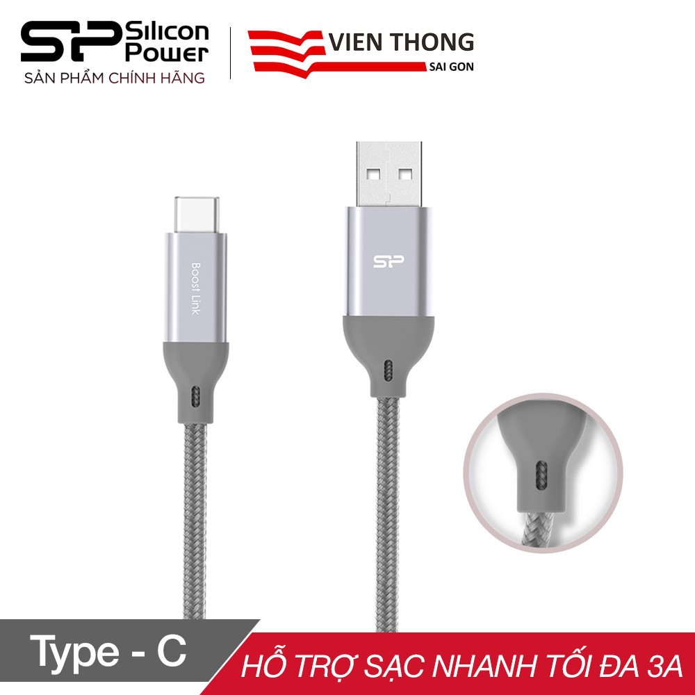 Cáp sạc nhanh Silicon Power Type-C Boost link LK30AC bọc nylon tối đa 3A dài 1m (Xám)