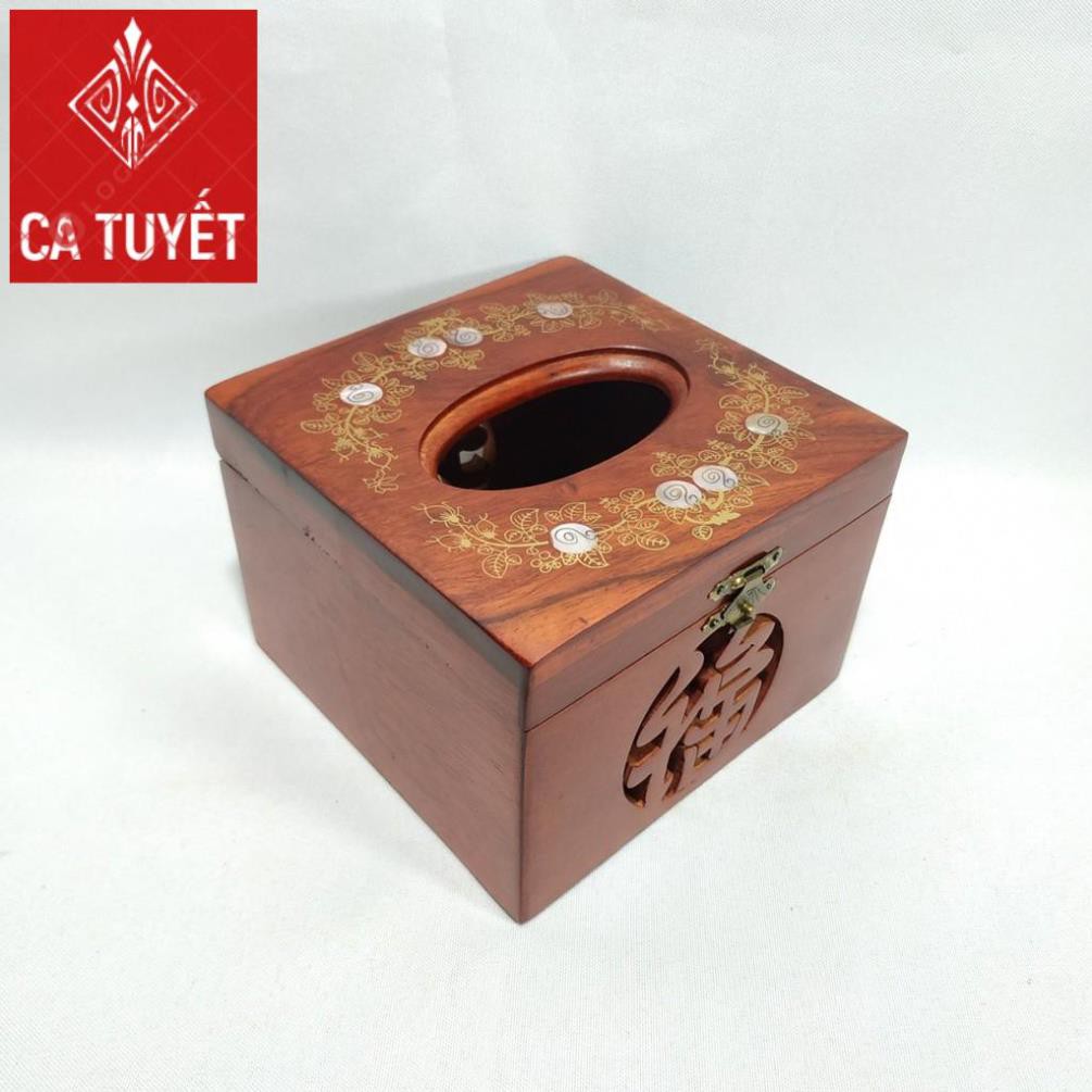 Hộp đựng giấy ăn Vuông ELAI GỖ HƯƠNG khảm hoa văn CAO CẤP