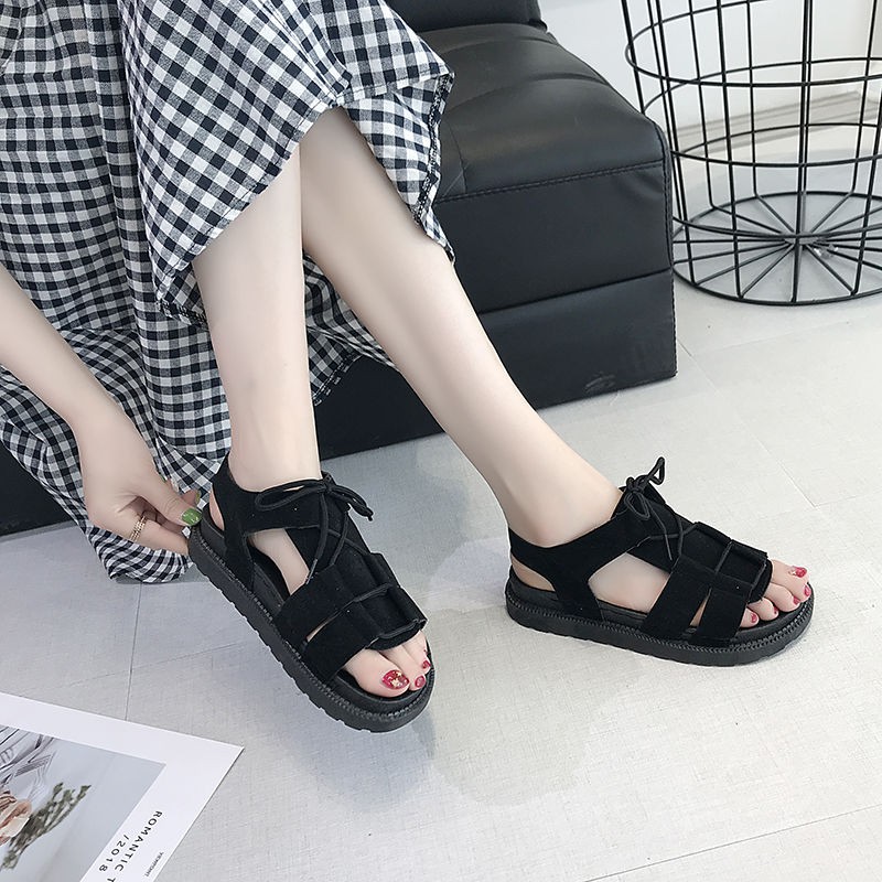 Giày Sandal Đế Bằng Thắt Dây Phong Cách Harajuku Cho Nữ