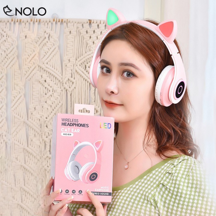 Tai Nghe Headphone Bluetooth V5.0 Model B39 Kiểu Dáng Tai Mèo Có Đèn Led Hỗ Trợ Nghe Qua Dây Cắm AUX