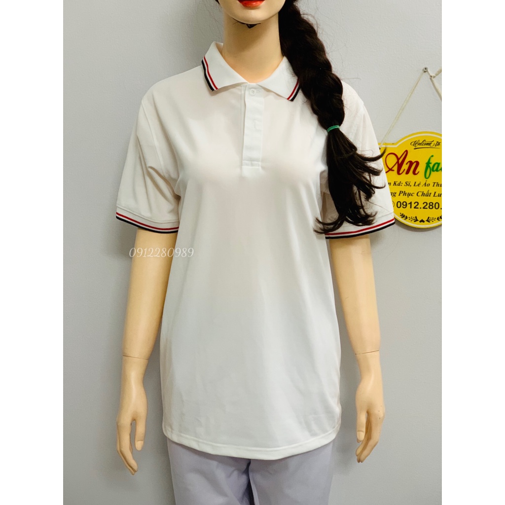 Áo thun có cổ nam nữ đơn giản màu trắng cổ viền vải poly Thái cao cấp _ Hình chụp thật