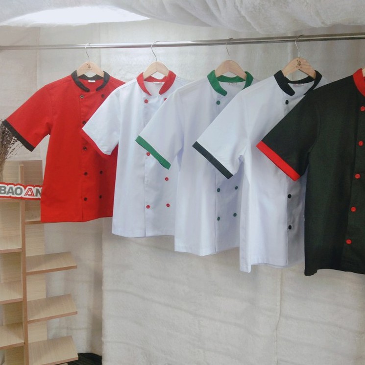 Đồng Phục Nhà Hàng Áo Bếp Màu Đỏ Cổ Đen Cho Đầu Bếp Trưởng