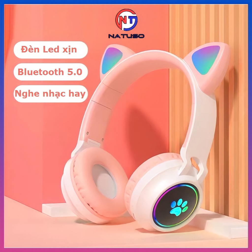 Tai nghe mèo chụp tai bluetooth không dây CAT EAR B30 có mic nghe nhạc đèn led nhiều màu sắc dùng được máy tính