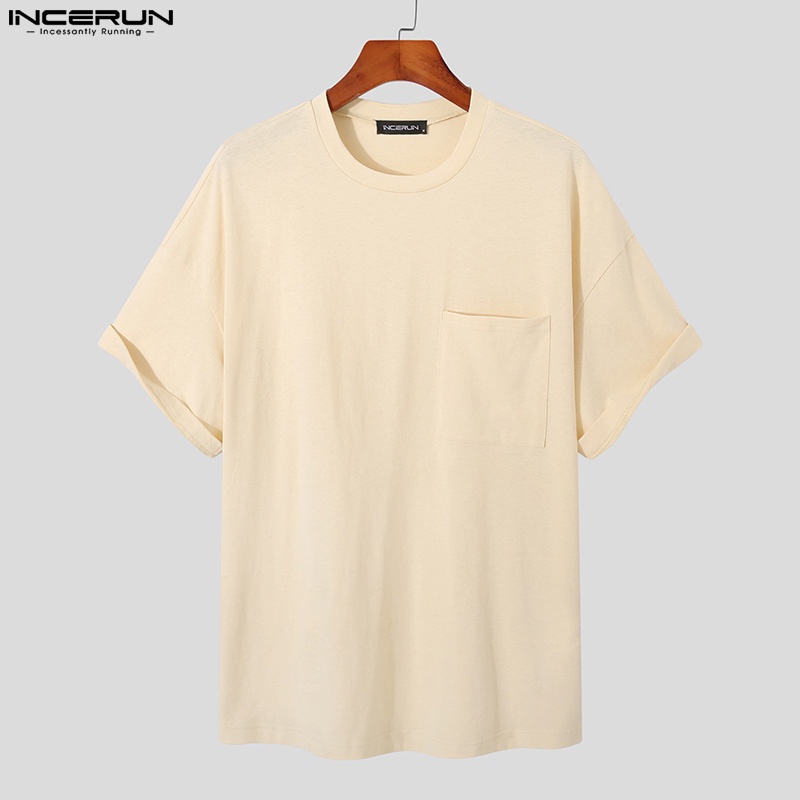 INCERUN Áo Thun Nam Ngắn Tay Cổ Tròn Màu Sắc Đơn Giản Size S-5XL
