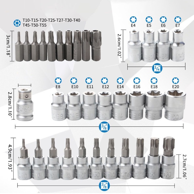 Bộ 34 đầu vặn ốc vít kiểu Torx Cr-V bằng thép loại 3/ 8&quot; &amp; 5 /16&quot; tiện dụng