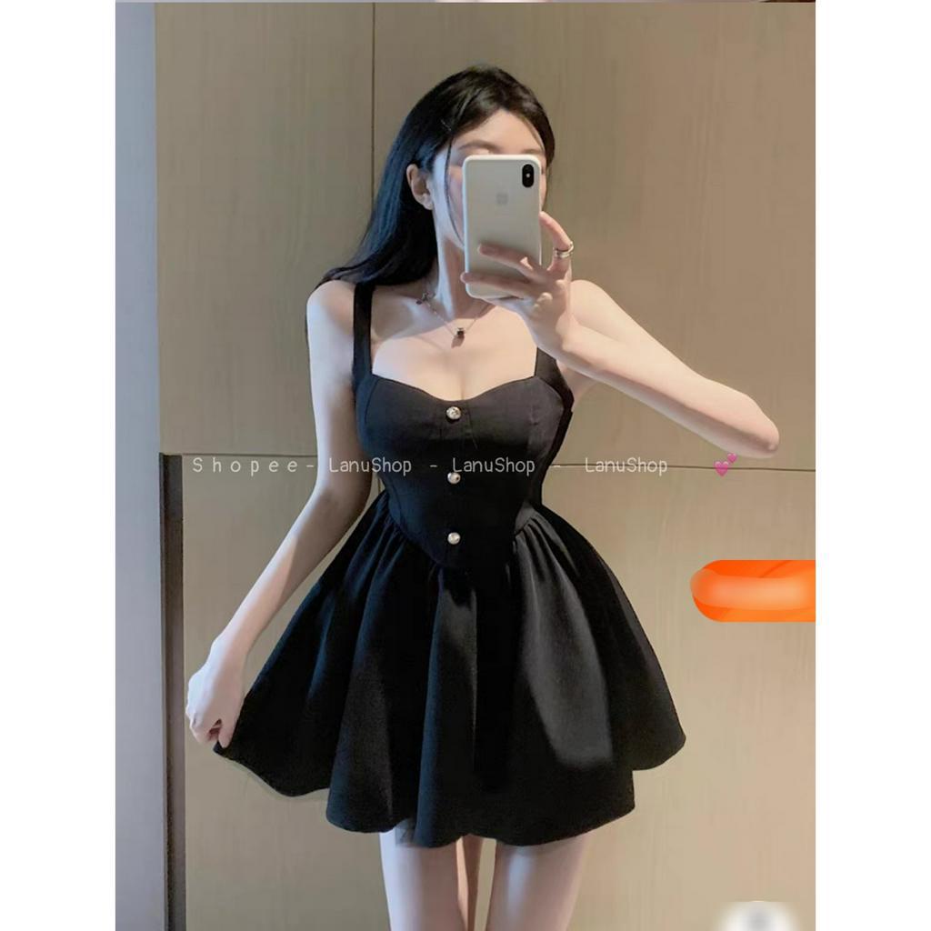 [Sẵn] Váy đen 2 dây siêu xoè tôn eo, Đầm dự tiệc đen đính cúc sang chảnh LanuShop