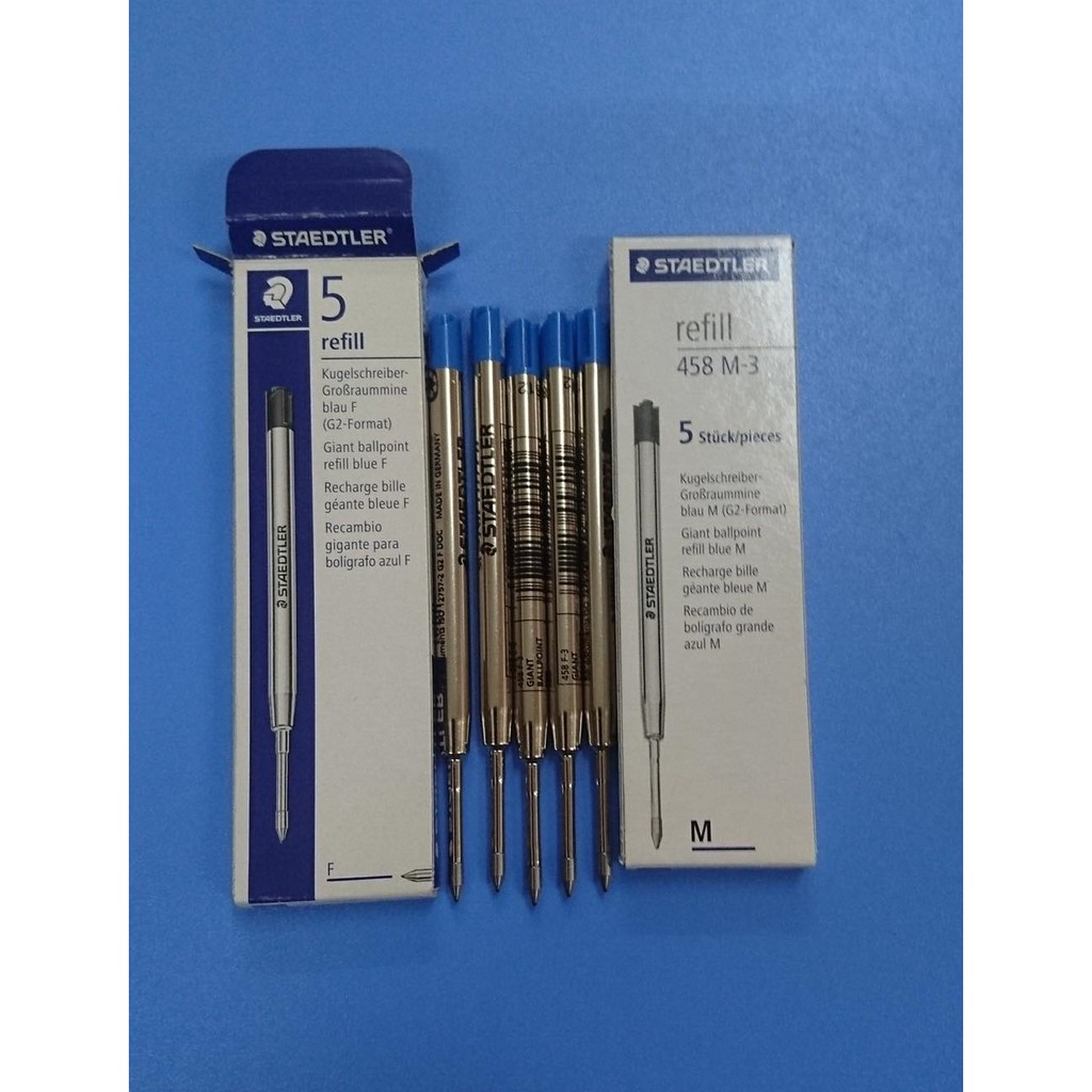 Ruột bi kiểu PARKER JUMBO REFILL STAEDTLER 458 thân thép màu xanh với 2 nét Medium(M) và Fine(F)