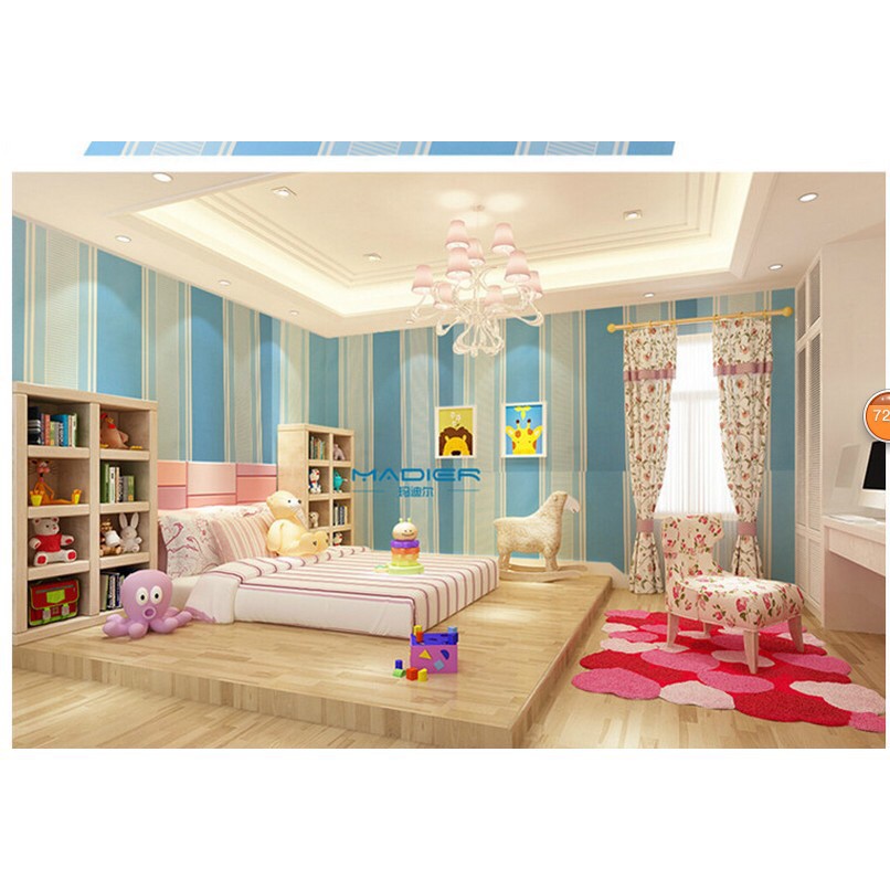 Cuộn 5M PVC giấy dán tường (có sẵn keo dán) - SỌC TRẮNG XANH TRỜI GR010