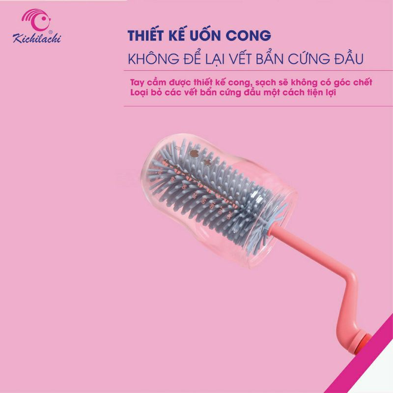 (Tặng Cọ Ống Hút) cọ rửa bình sữa núm ti SILICON 2 chi tiết kichi, siêu mềm cọ sạch bình sữa và núm ti