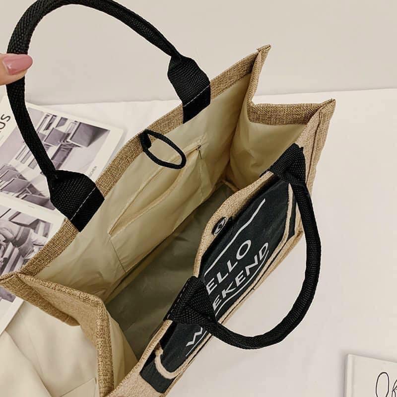 Túi cói du lịch hello weekend Phong cách Hàn Quốc