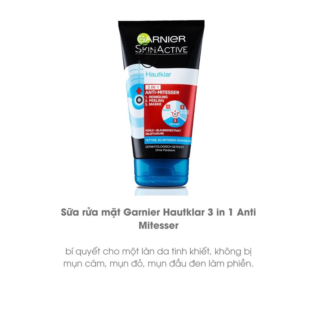 Sữa rửa mặt sạch mụn dành cho da dầu GARNIER HAUTKLAR 3 IN 1 ANTI-MITESSER MÀU ĐEN, Dung tích 150ML. | BigBuy360 - bigbuy360.vn