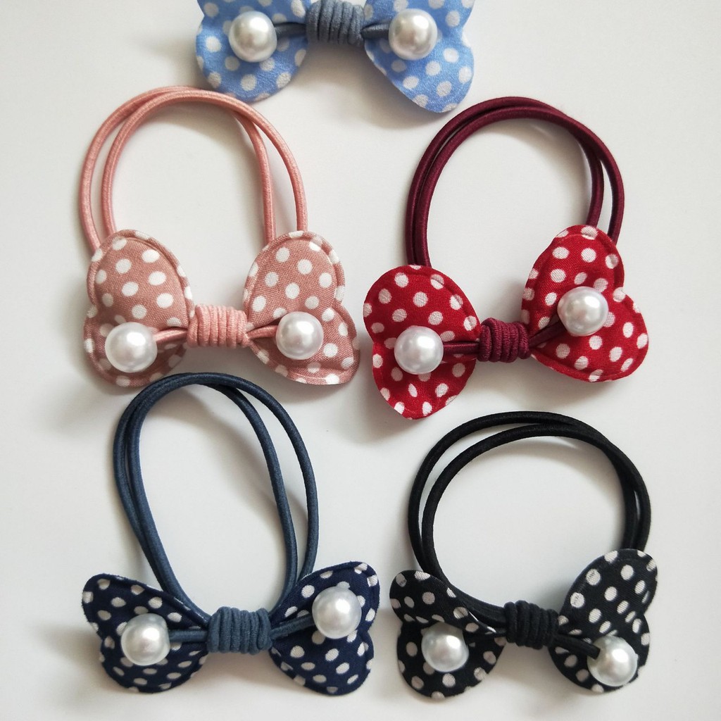 Dây buộc tóc cột tóc chấm bi cánh bướm kèm hạt châu cho bạn gái