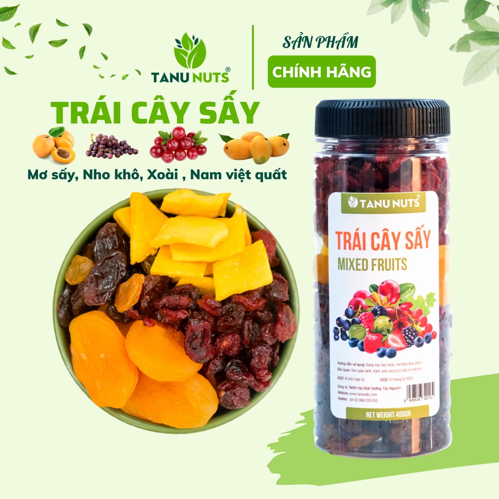 Trái cây sấy dẻo không đường TANU NUTS Mix Fruits 4 loại gồm mơ, xoài, nho khô, nam việt quất 400g