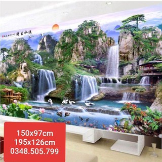 Tranh thêu chữ thập phong cảnh đắc tài đắc lộc 150x97cm