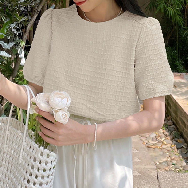 Áo sơ mi Zanzea tay lửng cổ tròn màu trơn sành điệu dành cho nữ