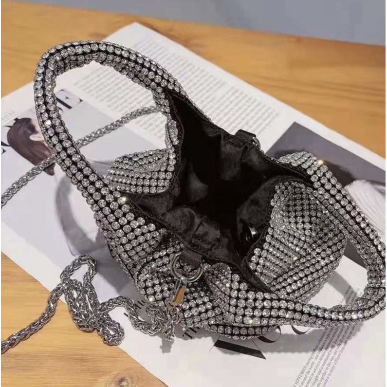 Túi cầm tay nữ bucket túi rút da đá pha lê bling bling có hộp