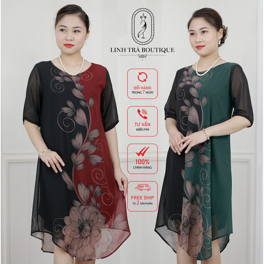 Đầm Suông Trung Niên Linh Trà LT41 Vải Voan Chiffon Cao Cấp Cho Mẹ