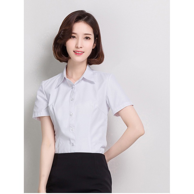 Áo sơ mi công sở nữ dáng basic ngắn tay kèm ảnh thật bốn màu trắng, hồng, xanh, đen | BigBuy360 - bigbuy360.vn