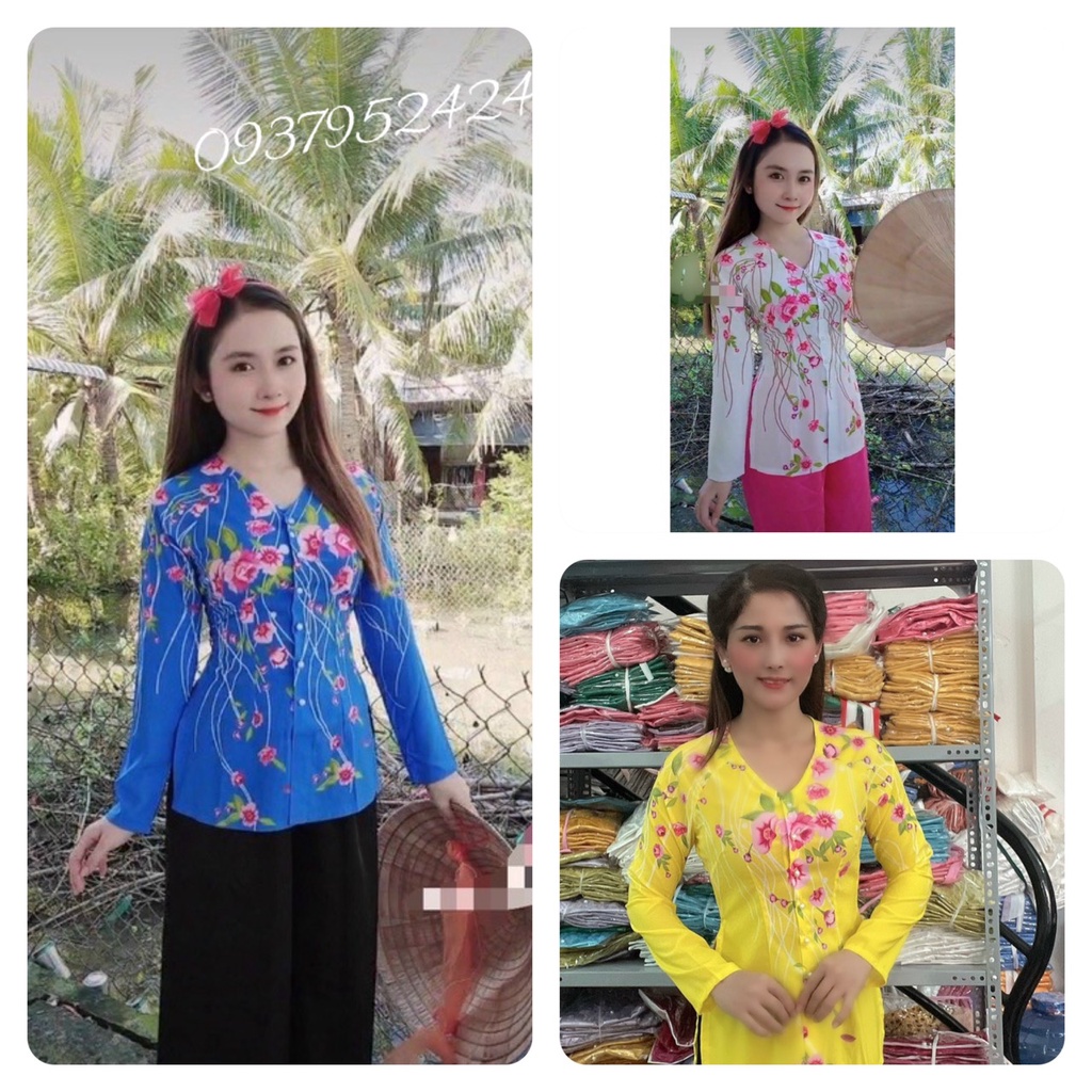 ÁO BÀ BA LỤA IN HOA ĐÀO XINH