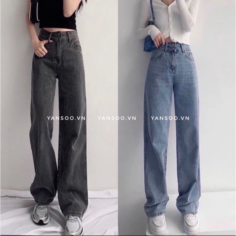 Quần Bò Nữ Ống Suông Cạp Cao Tôn Dáng,Quần Jeans Nữ Basic 2 Màu Đen Xanh Phong Cách
