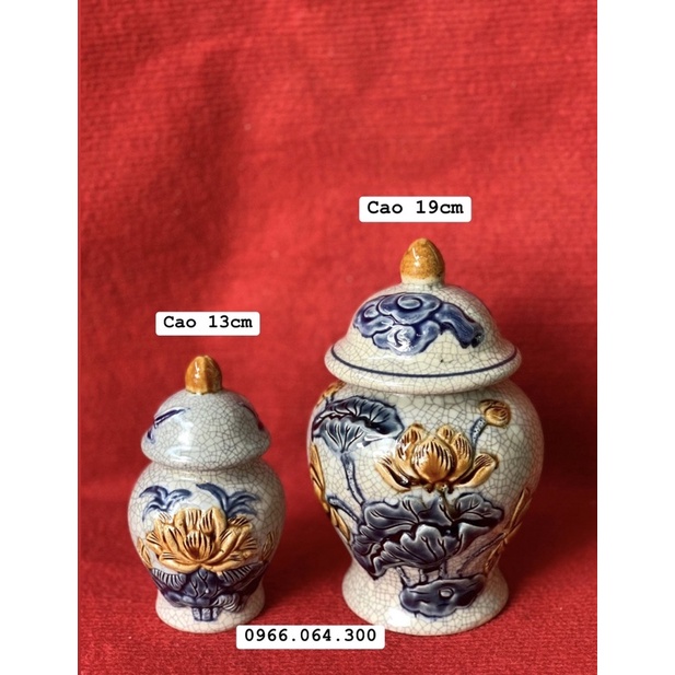 Bộ đồ thờ thần tài, gia tiên men rạn đắp nổi bát tràng cao cấp, bát hương men rạn