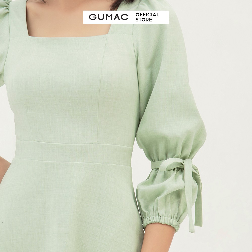 Đầm xòe nữ tay lỡ cổ vuông tay nơ GUMAC màu xanh trơn, trẻ trung, thanh lịch DB381 | BigBuy360 - bigbuy360.vn