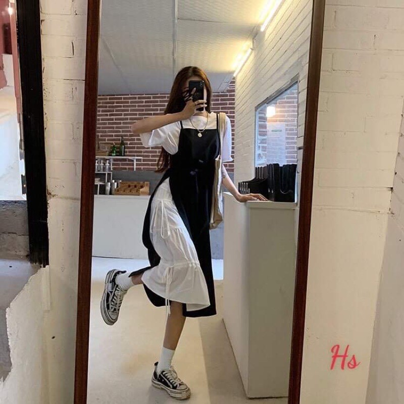 Sét váy trắng yếm đen nơ bụng