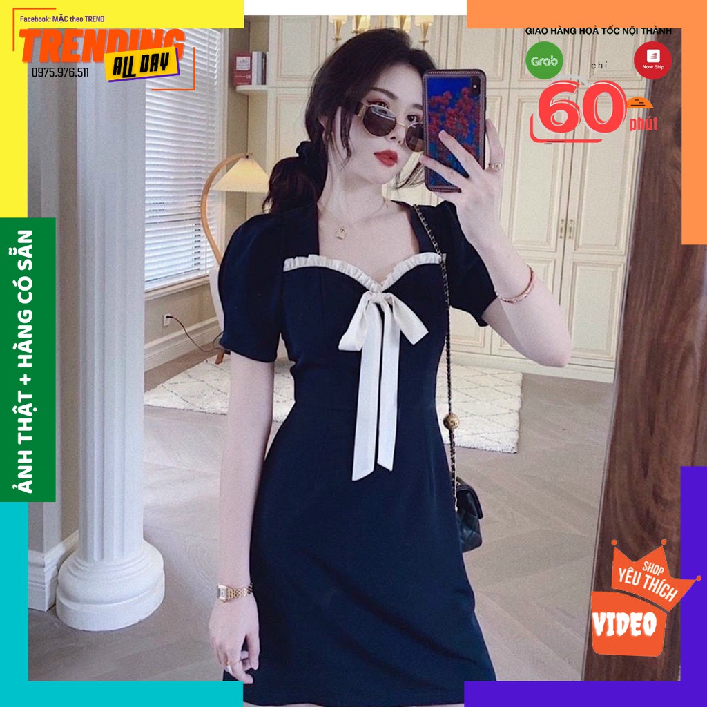[GIẢM 10K] Đầm dáng chữ A ngắn tay, cổ phối bèo, hoạ tiết nơ đính tiểu thư. Dầm tiểu thư cổ tim sang chảnh tôn dáng | BigBuy360 - bigbuy360.vn