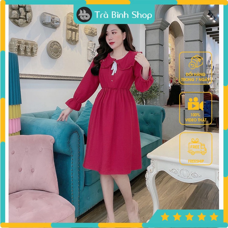 Đầm suông dài tay cổ bèo Váy dáng dài thắt eo tay bo siêu xinh