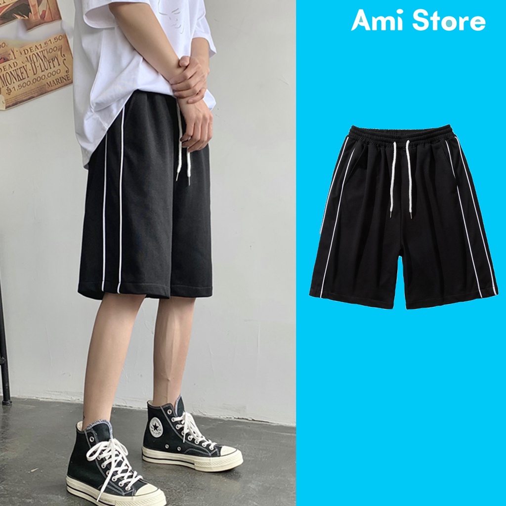 Quần đùi nam nữ ống rộng, quần short sọc trắng ulzzang cạp chun thoải mái phong cách năng động QS14 Ami store