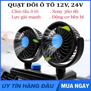 Quạt đôi ô tô xoay 360 độ mini 12V/24V đầu USB dùng điện cho mọi dòng xe ô tô, quạt mini để bàn