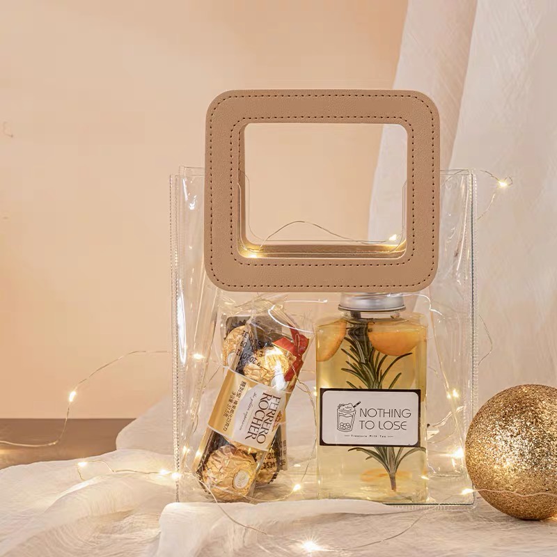 [Quai Nâu - Nhựa Siêu Dày] Túi Nhựa Trong Suốt Dé Store Có Quai Cầm Bằng Da Phong Cách Hàn Quốc