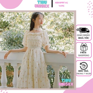 Váy nữ trễ vai hoa nhí phong cách vintage bánh bèo, Đầm tiểu thư ulzzang dáng xòe dự tiệc tiểu thư